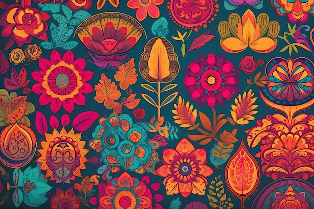 Un motif floral coloré avec des feuilles et des fleurs.