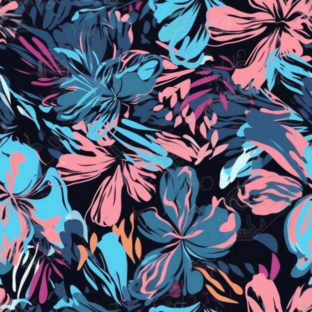 Photo un motif floral coloré avec des fleurs bleues et roses sur un fond noir