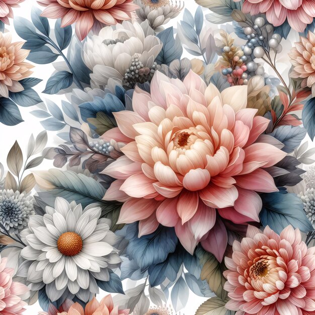 Un motif floral coloré avec des fleurs et des feuilles