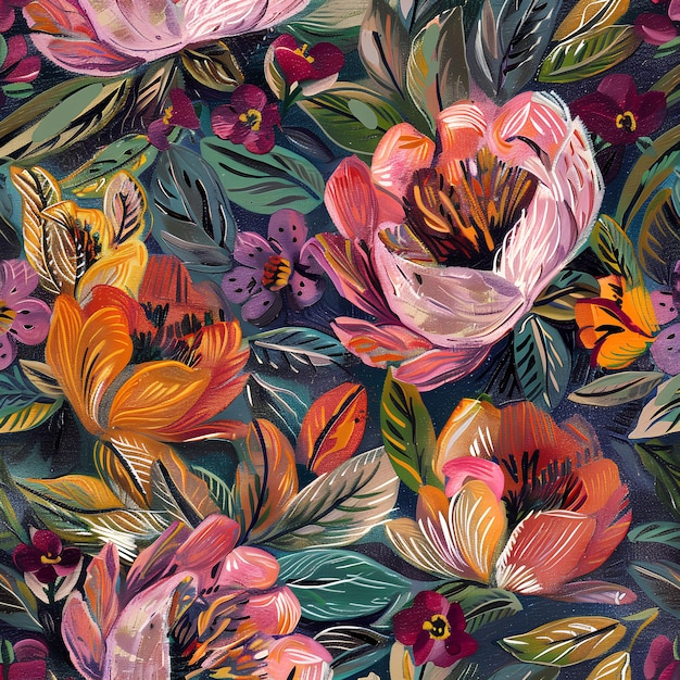 un motif floral coloré avec des fleurs et des feuilles