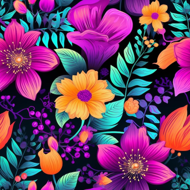 Un motif floral coloré avec des fleurs et des feuilles.