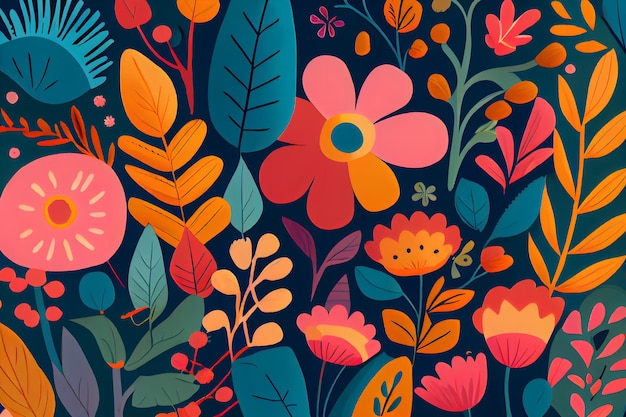 Un motif floral coloré avec des fleurs et des feuilles.