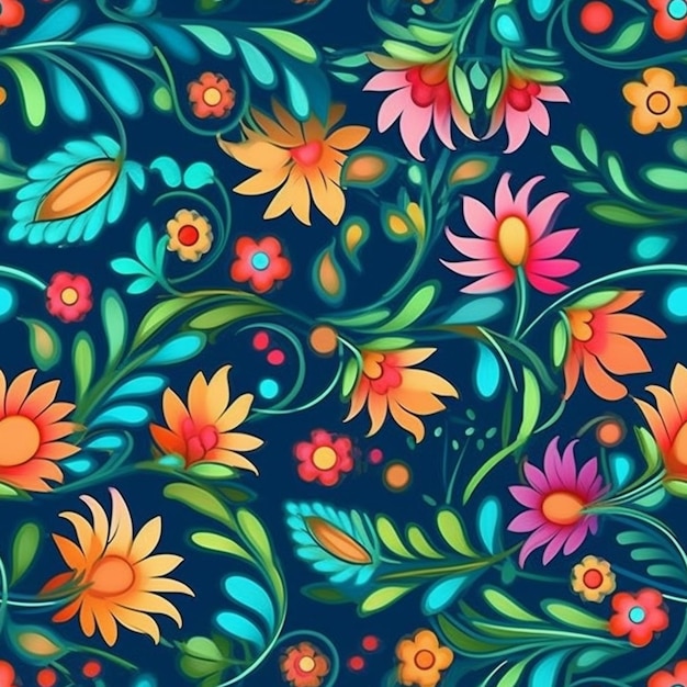 Un motif floral coloré avec des fleurs et des feuilles.