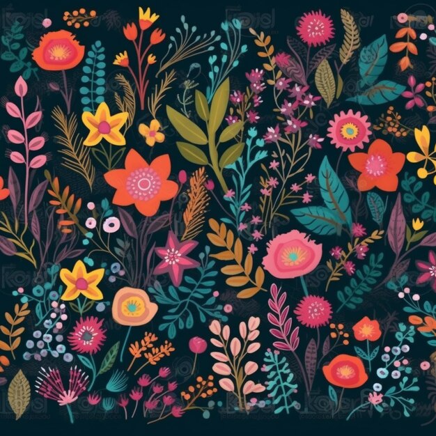 Un motif floral coloré avec des fleurs sur fond noir.