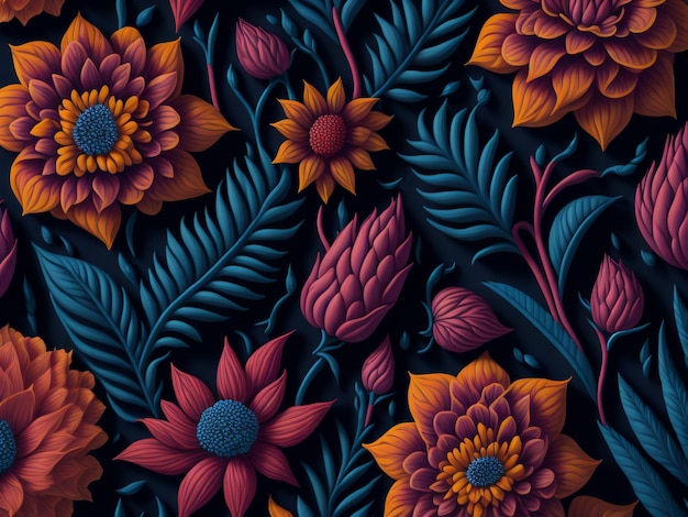 Un motif floral coloré avec des fleurs sur fond sombre