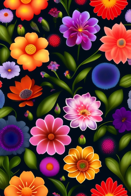 Un motif floral coloré avec des fleurs sur un fond sombre.