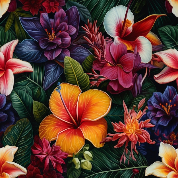 Un motif floral coloré avec des fleurs d'hibiscus sur fond noir.