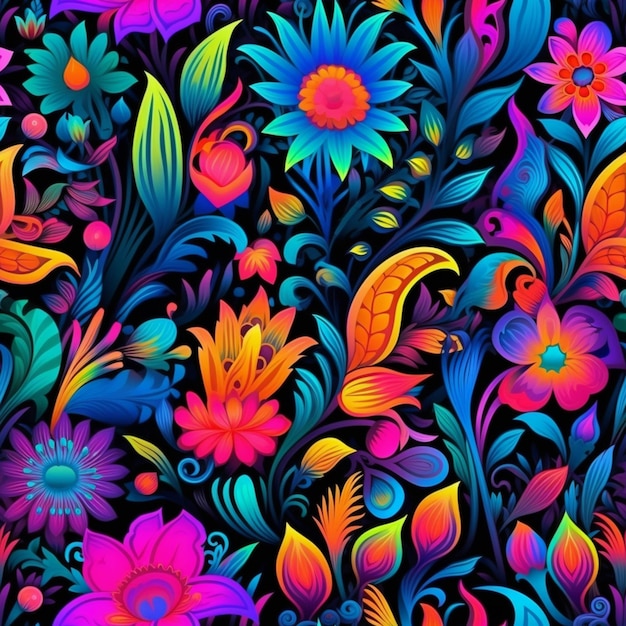 Un motif floral coloré avec des fleurs lumineuses sur fond noir ai génératif