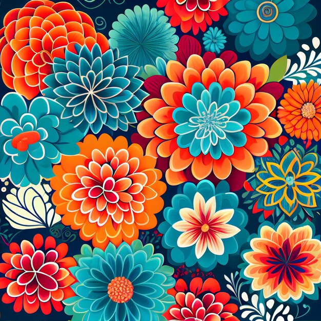 Un motif floral coloré avec des fleurs orange et bleues.