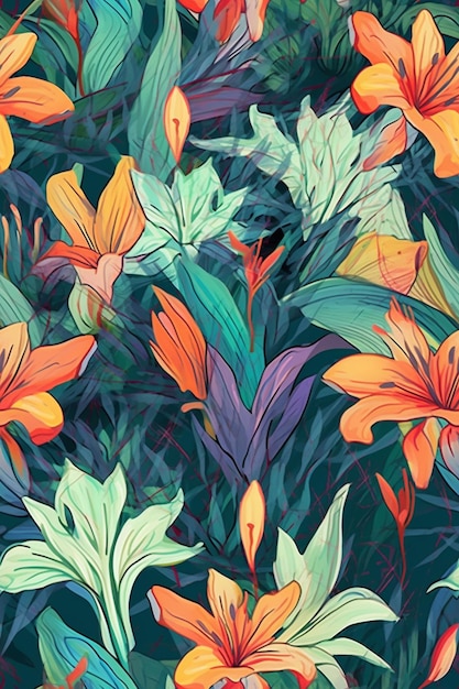 Un motif floral coloré avec des fleurs orange et vertes.