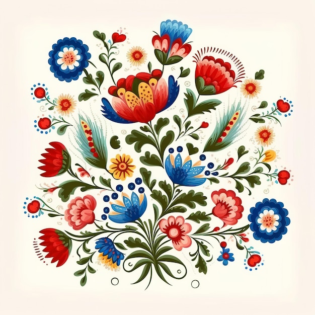 Un motif floral coloré avec des fleurs rouges et bleues.