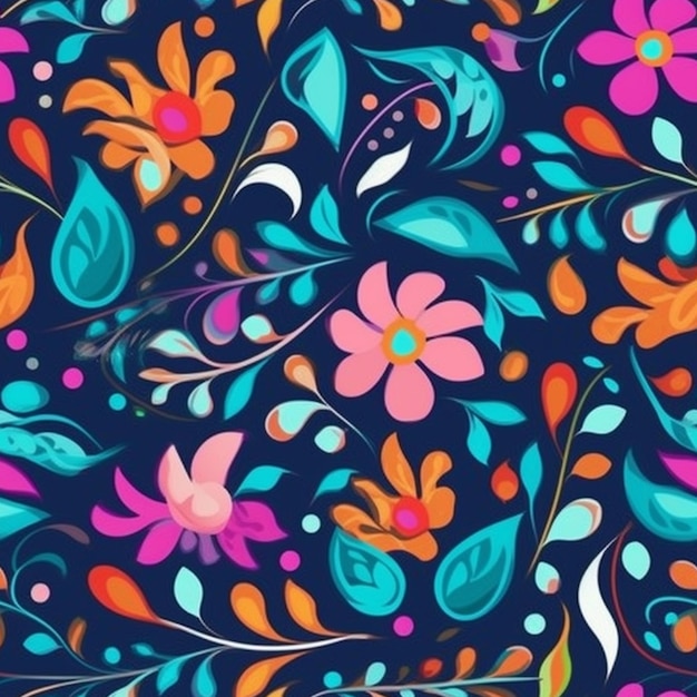 Un motif floral coloré avec un fond bleu et une fleur rose en bas.