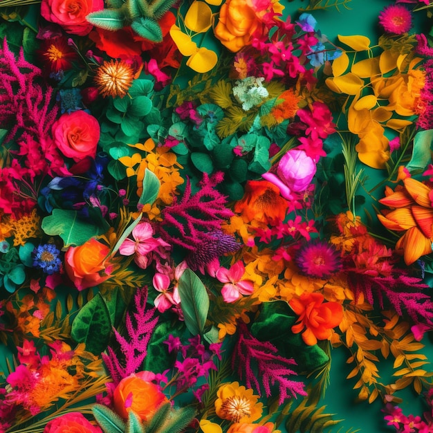 Photo un motif floral coloré avec un fond vert et un bouquet de fleurs.