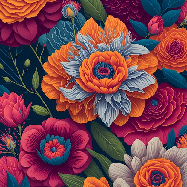 Un motif floral coloré avec une grande fleur au milieu.