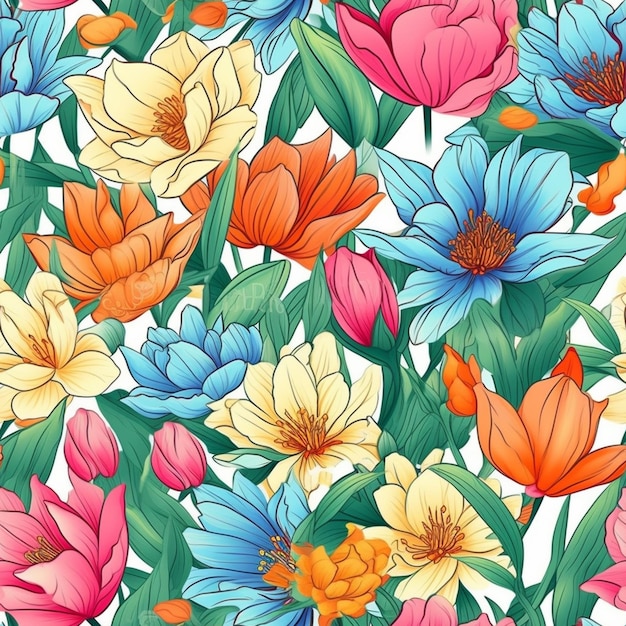 un motif floral coloré avec de nombreuses fleurs sur un fond blanc.