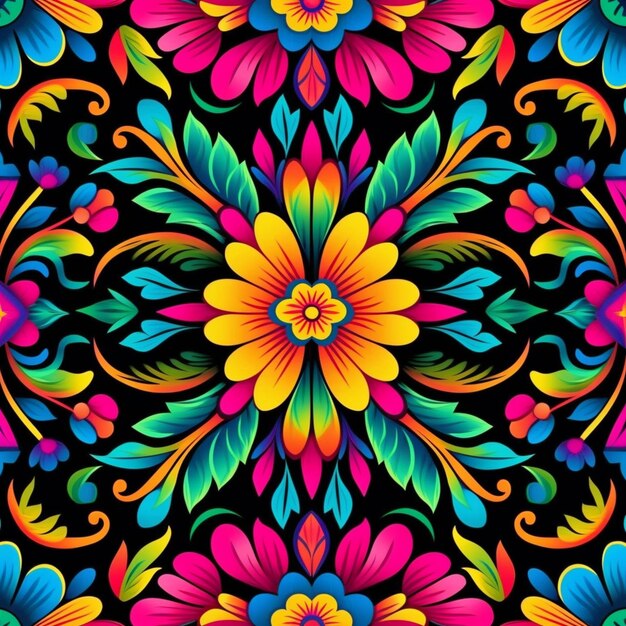 un motif floral coloré avec de nombreuses fleurs sur un fond noir