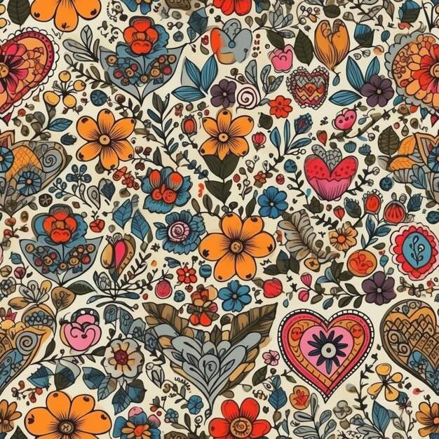 Un motif floral coloré avec un oiseau et des fleurs.