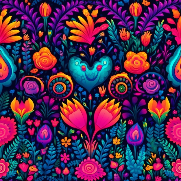 Un motif floral coloré avec des oiseaux et des fleurs sur un fond sombre ai génératif