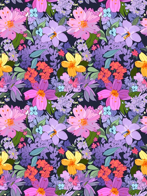 Un motif floral coloré avec une variété de fleurs.