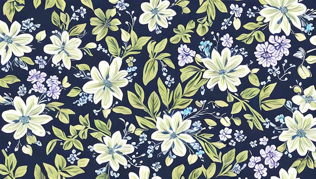 Un motif floral délicat avec des fleurs blanches bleues et violettes