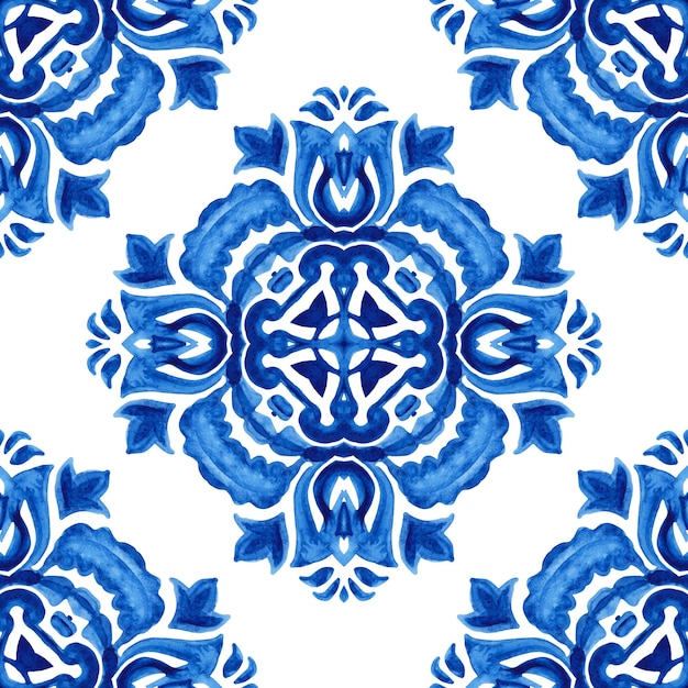 Motif floral dessiné main damassé bleu Motif de peinture aquarelle ornementale transparente
