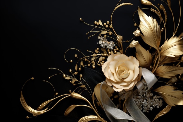 Photo motif floral doré sur noir avec espace de copie