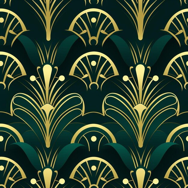 Un motif floral doré et vert sur un fond vert foncé.