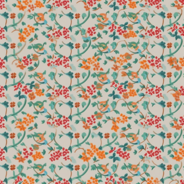 Un motif floral avec des feuilles et des baies rouges et vertes.