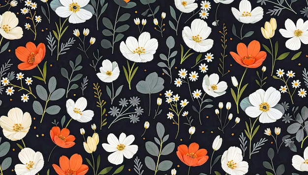 motif floral avec des feuilles et des branches vert orange blanc et de petites fleurs blanches sur noir