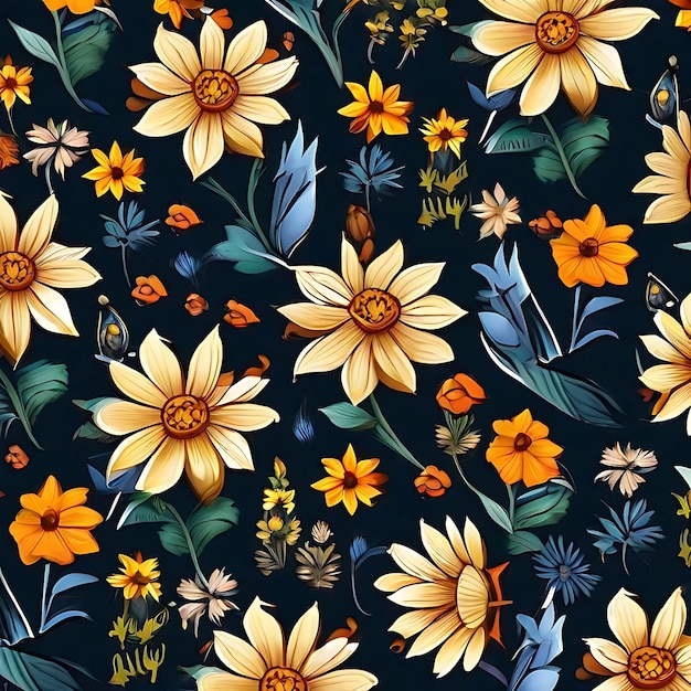 Un motif floral avec des feuilles et des fleurs générative ai