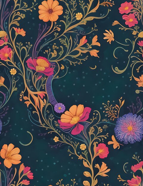 Un motif floral avec des feuilles et des fleurs générative ai