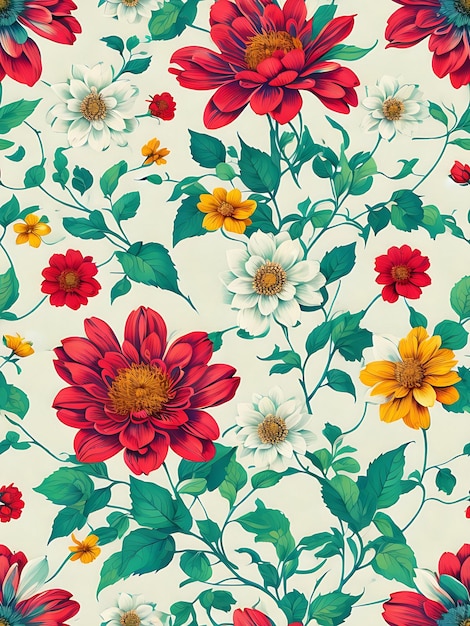 Un motif floral avec des feuilles et des fleurs générative ai