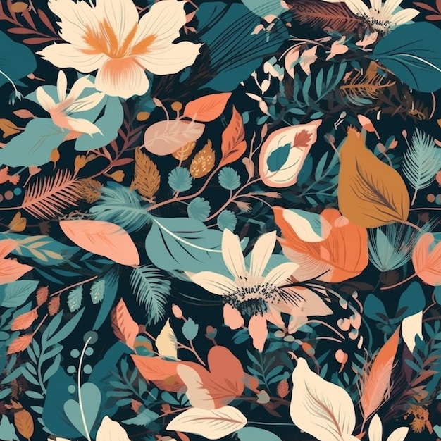 Un motif floral avec des feuilles et des fleurs.