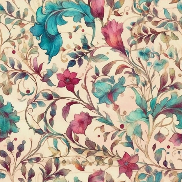 Un motif floral avec des feuilles roses, bleues et vertes.