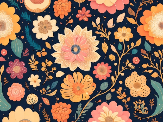 Un motif floral avec une fleur jaune et orange sur un fond bleu foncé.