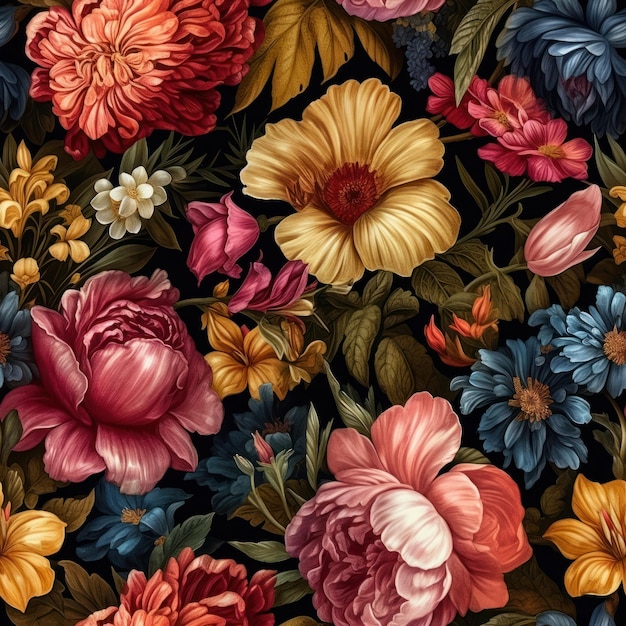 Un motif floral avec une fleur rouge, jaune et bleue.