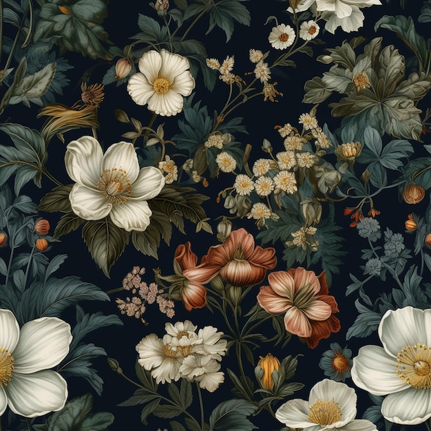 Un motif floral avec des fleurs et des baies blanches et oranges.