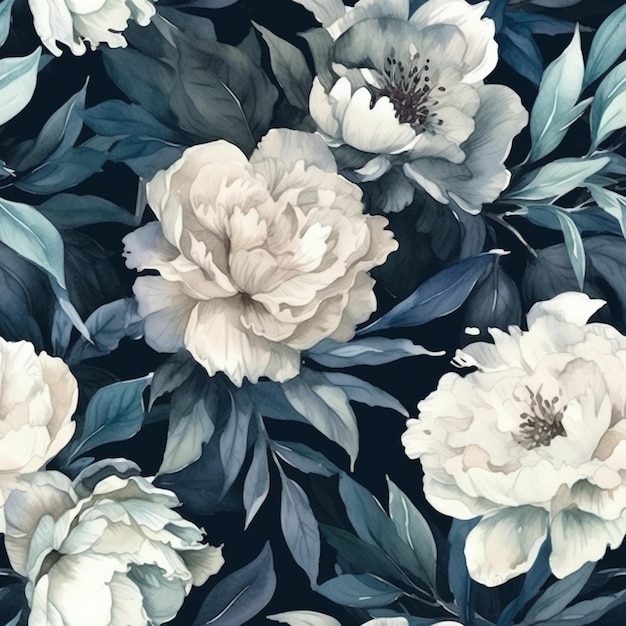 Un motif floral avec des fleurs blanches et bleues.