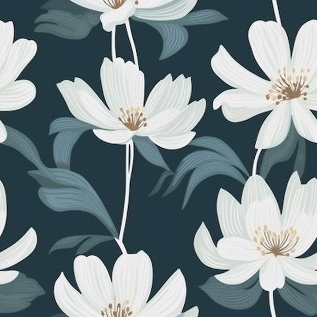 un motif floral avec des fleurs blanches sur fond sombre ai générative