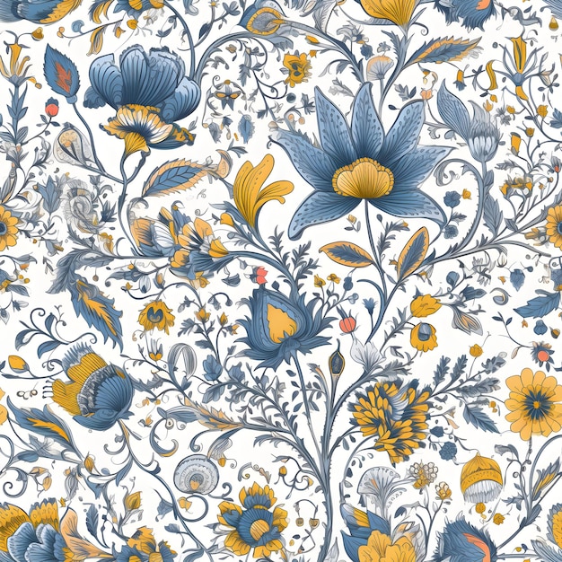 Un motif floral avec des fleurs bleues et jaunes.