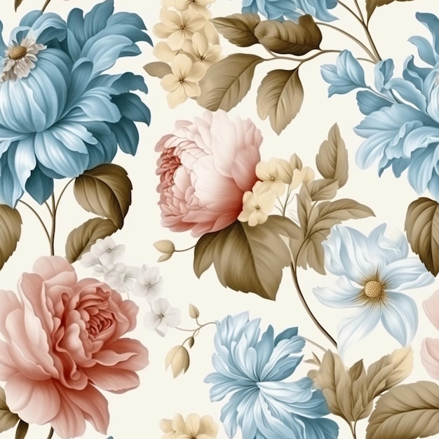 Un motif floral avec des fleurs bleues et roses.