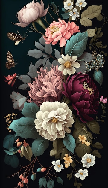 Motif floral avec des fleurs délicates et des fleurs audacieuses. IA générative.