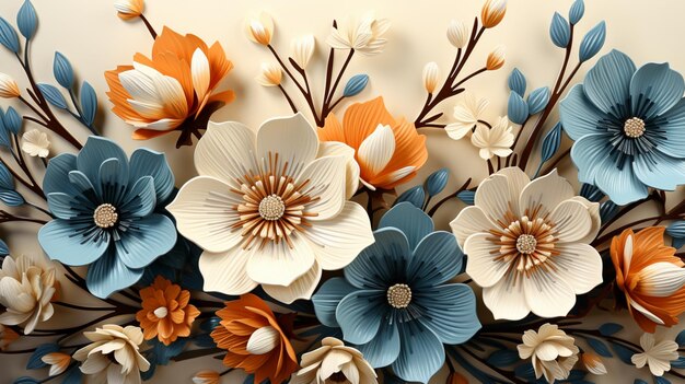 Un motif floral avec des fleurs et des feuilles bleues et oranges