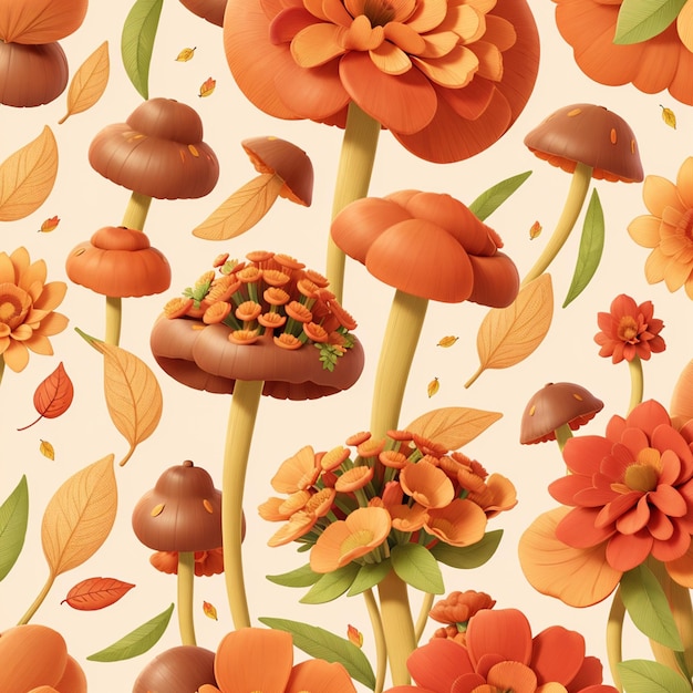 Motif floral avec des fleurs feuilles champignons belle illustration détaillée réaliste couleurs vives