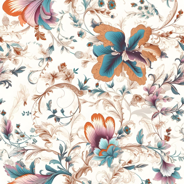 Un motif floral avec des fleurs et des feuilles sur fond blanc.