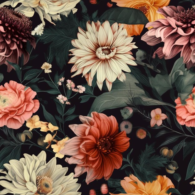 Un motif floral avec des fleurs et des feuilles sur fond noir.