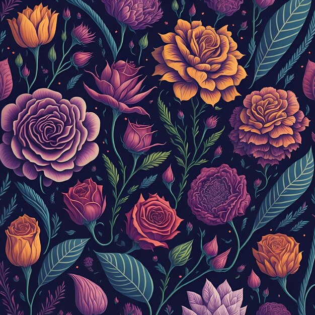 Un motif floral avec des fleurs et des feuilles sur un fond sombre.