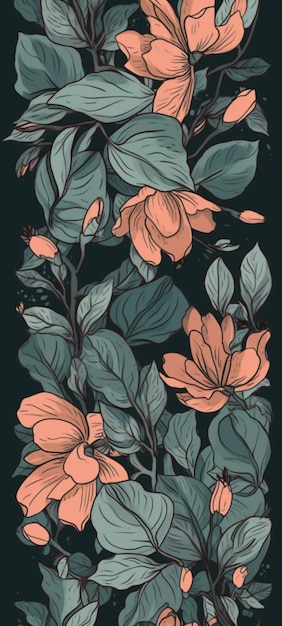 Un motif floral avec des fleurs et des feuilles sur un fond sombre.