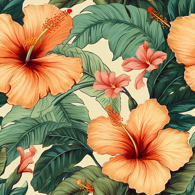 Un motif floral avec des fleurs et des feuilles d'hibiscus.