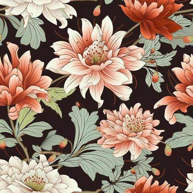 Un motif floral avec des fleurs sur fond sombre